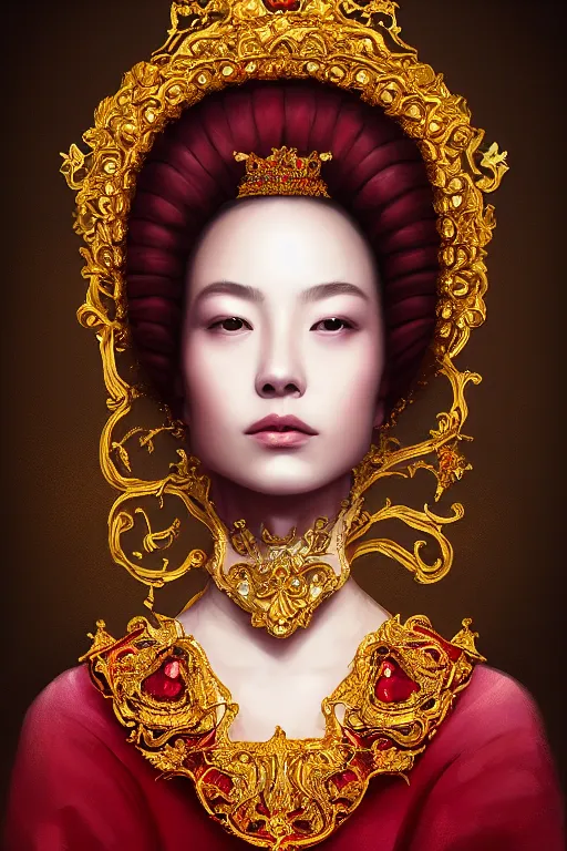 Image similar to a singular beautiful empress portrait, with a brilliant, impossible striking shiny big ruby headpiece, symmetrical, reflective surface, ruby clothes, rococo, baroque, jewels, asian, realistic, studio lighting, closeup, D&D, fantasy, intricate, elegant, highly detailed, digital painting, artstation, octane render, 8k, concept art, matte, sharp focus, illustration, art by Artgerm and Greg Rutkowski and Alphonse Mucha