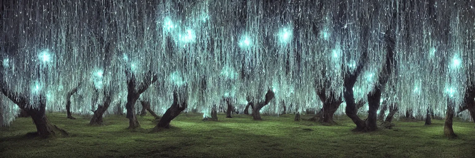 Image similar to “bioluminescent crystal willow trees, Artstation HQ, photorealistic, hiperrealistic, sharp focus, 4k UHD, Unreal Engine 5, cinematic shot, cinematic lightning, dark tones, high contrast, intricate, masterpiece”