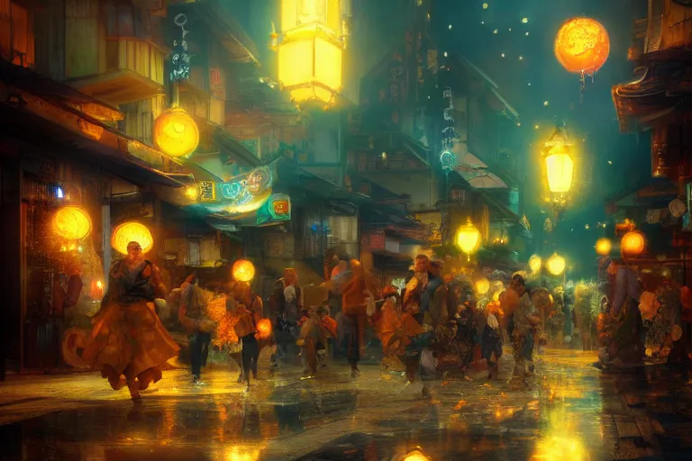 Image similar to fantasy art of glowing goldfish swimming in the air, in the streets of a japanese town at night, with people watching in wonder, by craig mullins, highly detailed digital art, trending on artstation