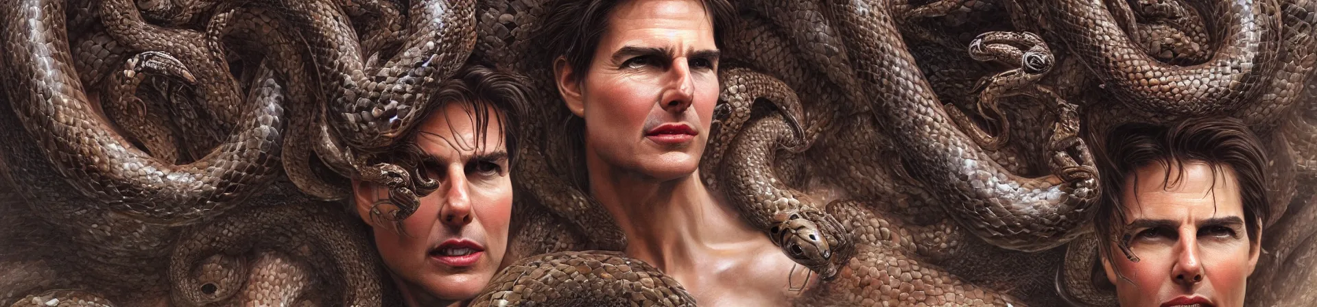 Prompt: beauty woman Tom Cruise with snakes for hair, Medusa, detailed face, surrounded by spiders, very detailed, dramatic lighting, electrical details, high details, 4k, 8k, trending on artstation, by Greg Rutkowski, Wayne Barlowe, Hajime Sorayama and Boris Vallejo