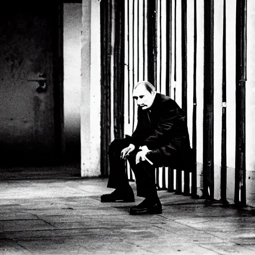 Prompt: a very sad and old wrinkled vladimir putin ( in prison clothes sitting on prison bench ). detailed professional 3 5 mm black and white photo by don mccullin and anders petersen world press photo award