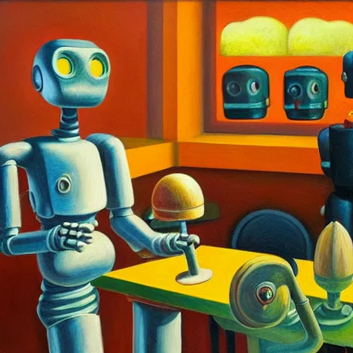 Image similar to robots made of ice cream, grant wood, pj crook, edward hopper, oil on canvas