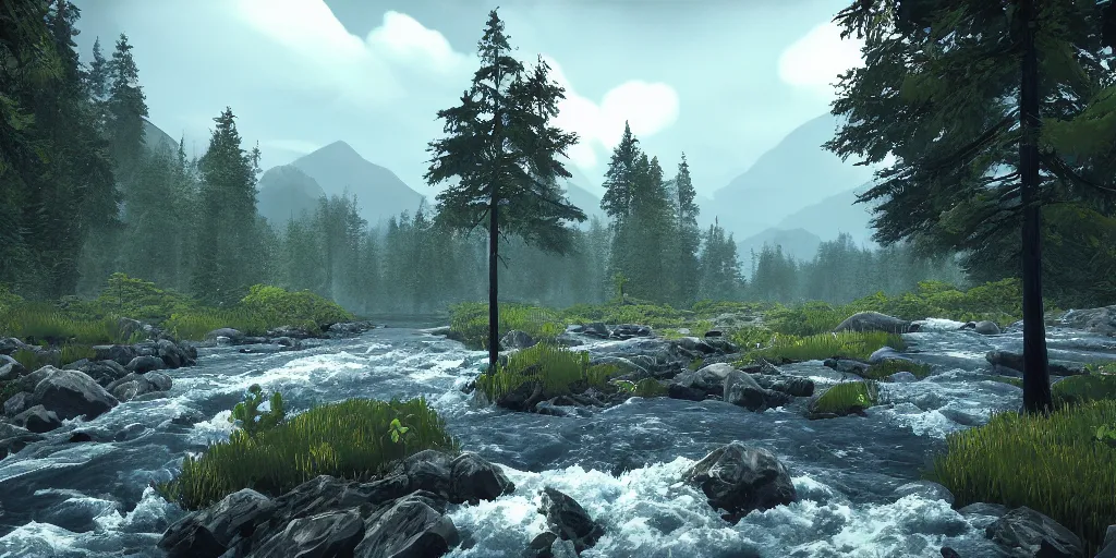 Prompt: A wild river with mountains and forests surrounding it. In the style of game called inside. Detailed