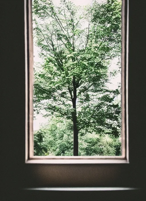 Prompt: a view of a tree through a window, a picture by weiwei, pexels, arbeitsrat fur kunst, photo taken with fujifilm superia, wimmelbilder, photo taken with provia