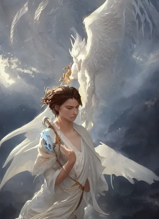 Image similar to an angelic white dragon, highly detailed, digital painting, artstation, concept art, sharp focus, illustration, art by greg rutkowski and alphonse mucha