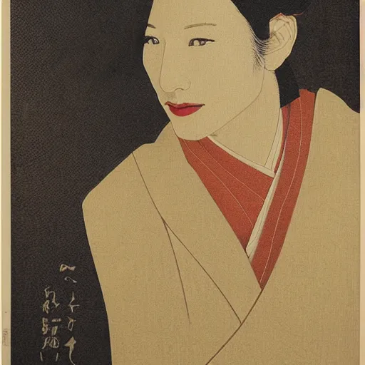 Image similar to portrait of cate blanchett ,japanese wood print