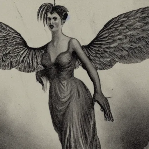 Prompt: a vintage photograph of a mythological harpy with their wings outstretched and shown off