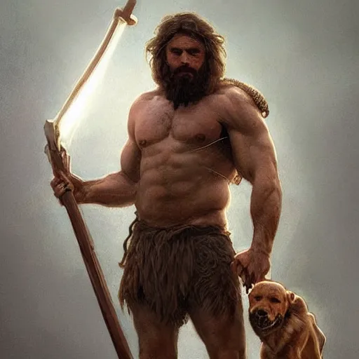 Image similar to portrait of a gruff ranger carrying the holy lance of longinus, Cain, muscular, hairy body, with a dog, intricate, elegant, highly detailed, digital painting, artstation, concept art, matte, sharp focus, illustration, art by Artgerm and Greg Rutkowski and Alphonse Mucha