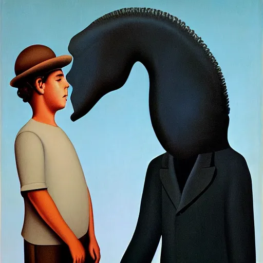 Image similar to a Magritte painting of a boy and his dinosaur