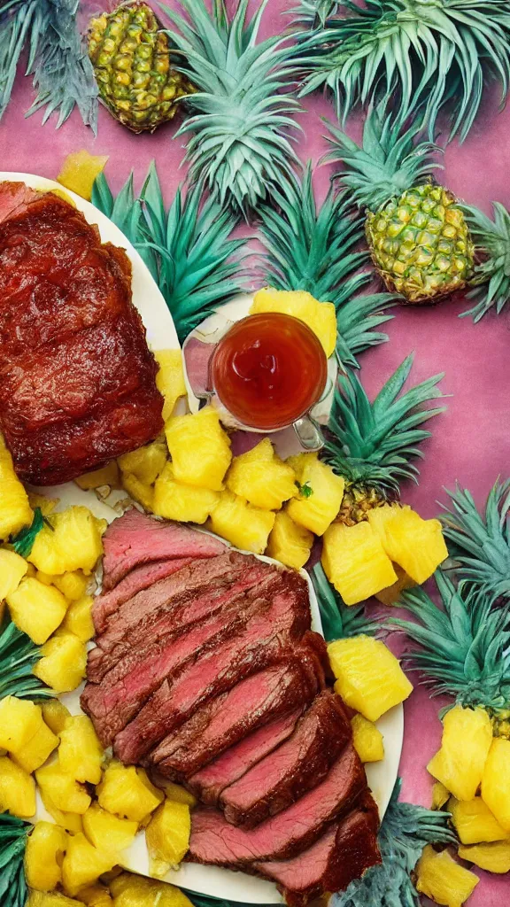 Prompt: 6 0 s food photography of a slab of roast beef, covered in jelly and pineapples, tropical vibes, on a velvet table cloth, soft focus