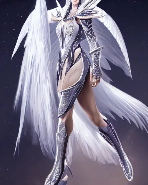 Image similar to perfect white haired egyptian goddess wearing white dove wings, warframe armor, regal, attractive, ornate, sultry, beautiful, dreamy, half asian, pretty face, blue eyes, detailed, scifi platform, 4 k, ultra realistic, epic lighting, android body, illuminated, cinematic, masterpiece, art by akihito tsukushi, voidstar, artgerm