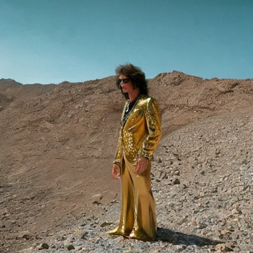 Image similar to mick jagger dressed in golden costume with jewels in a dry rocky desert landscape, visible sky and sunny atmosphere, fata morgana by alejandro jodorowsky, anamorphic lens, kodakchrome, 8 k -