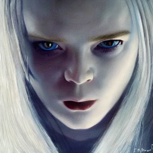 Image similar to ultra realistic painting of elle fanning as ghost spider, art by frank frazetta, 4 k, ultra realistic, highly detailed, epic lighting