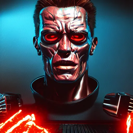 Prompt: A hyper real comic book style portait painting of the terminator singing in a music studio, unreal 5, hyperrealistic, octane render, cosplay, RPG portrait, dynamic lighting