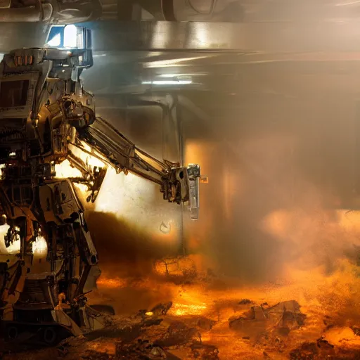 Image similar to head of toaster oven mecha, dark messy smoke - filled cluttered workshop, dark, dramatic lighting, orange tint, cinematic, highly detailed, sci - fi, futuristic, movie still