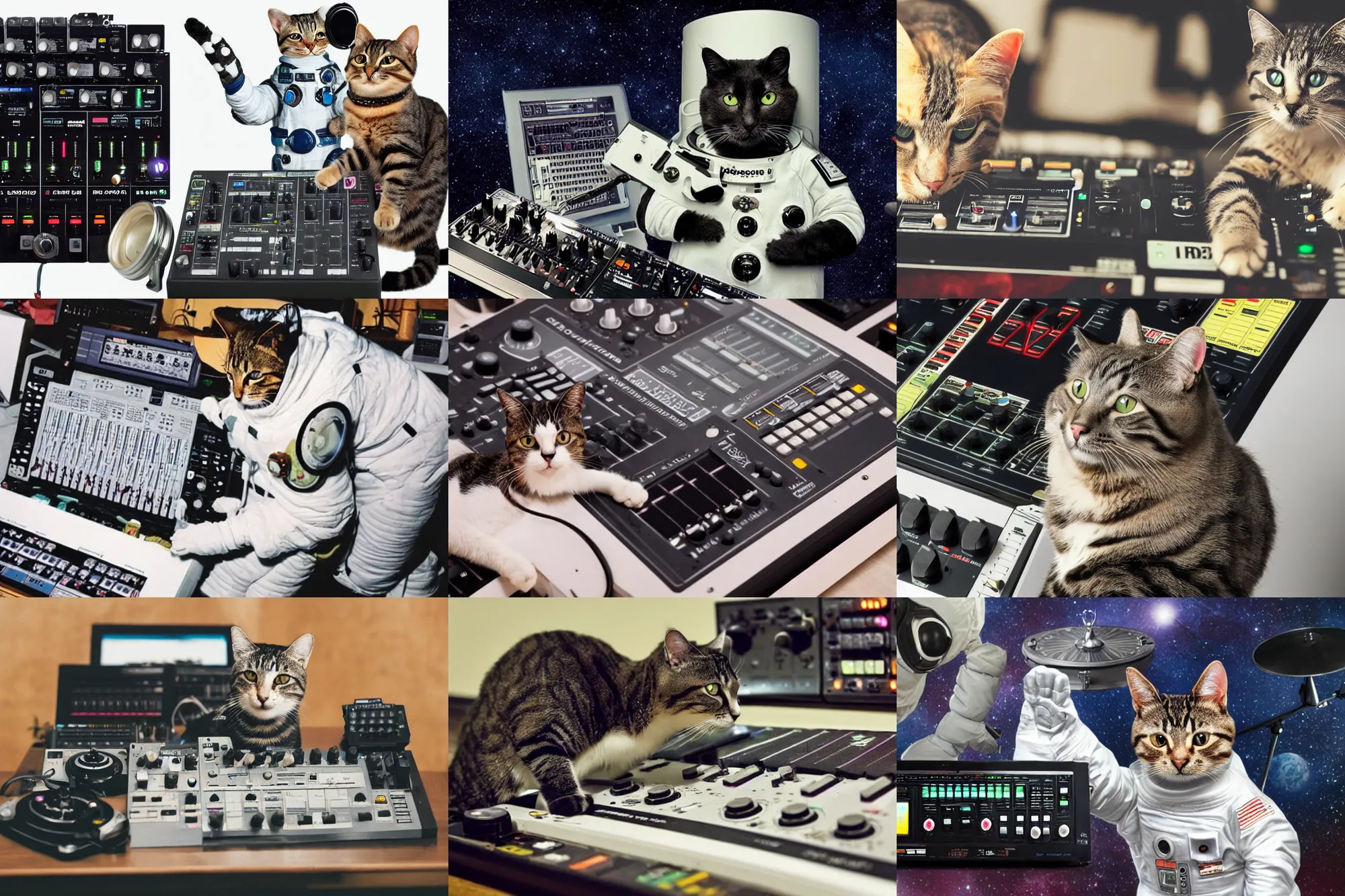 Prompt: Photo of a Cat in a spacesuit holding a roland 303 drum machine