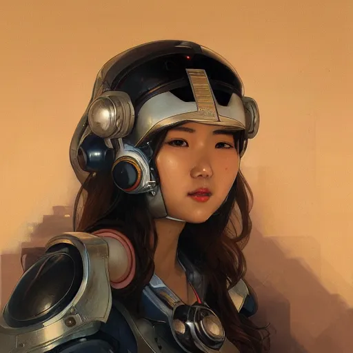 Image similar to portrait painting of asian woman in mecha helmet, by artgerm and greg rutkowski and alphonse mucha, ultra realistic, concept art, intricate details, highly detailed, photorealistic, octane render, 8 k, unreal engine