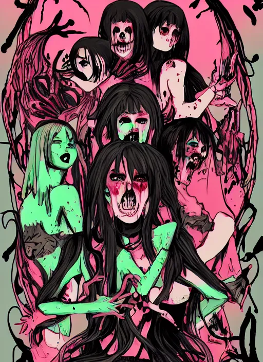 Image similar to horror acid colors, a dark picture comic featuring blood horror and goth anime girls, anime vampires, evil horror vibes