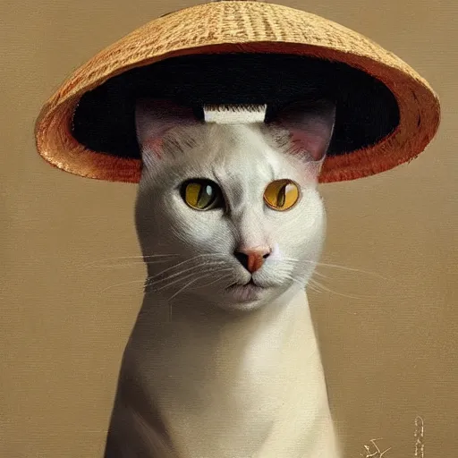 Prompt: A portrait of a cat wearing a small vietnamese straw hat, artwork by Sergey Kolesov