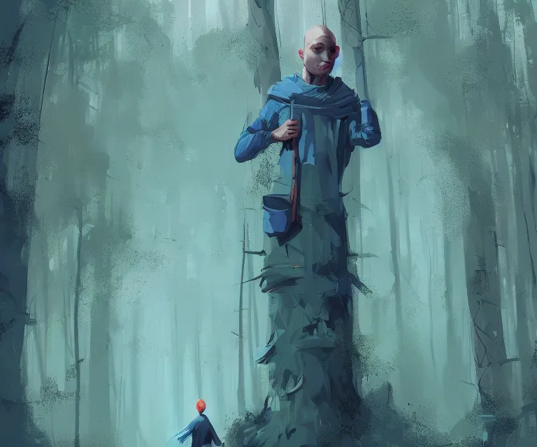 Image similar to painting portrait of a young bald blue - skinned wizard in a forest, masterpiece, trending on artstation, by ismail inceoglu