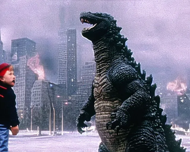 Image similar to godzilla in home alone movie