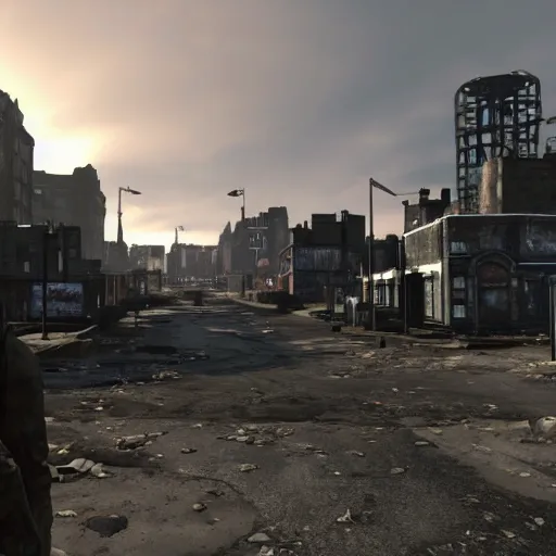 Image similar to Edinburgh in ruins post nuclear war, Fallout 4, in game screenshot