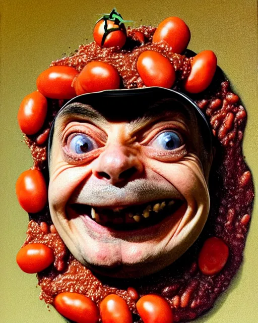 Image similar to portrait of mr bean's face in a bowl full of baked beans, face covered in beans and tomato sauce, beans in his eyes sockets, pile of beans on his head, baked beens instead of eyes, open mouth full of with baked beans, overflowing with baked beans, rowan atkinson, muted colors, surrealist oil painting, highly detailed