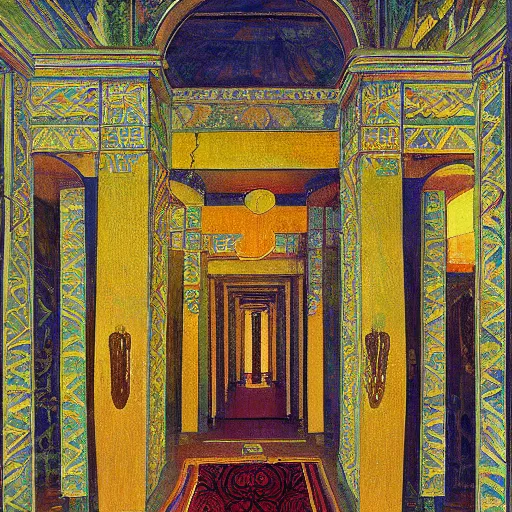 Image similar to a painting of a throne room , tiled floor a raytraced image by Mikalojus Konstantinas Čiurlionis, by Edward Okun, metaphysical painting, hall of mirrors, egyptian art, concept art