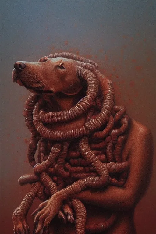 Image similar to painting of a very cute dog, dog is made of baked beans, baked bean skin texture, by zdzislaw beksinski, by dariusz zawadzki, by wayne barlowe, gothic, surrealism, cosmic horror, lovecraftian, cold hue's, warm tone gradient background, concept art, beautiful composition