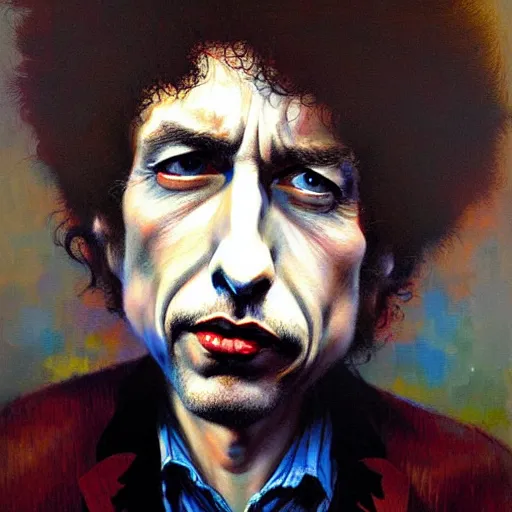 Image similar to exaggerated funny caricature portrait of bob dylan, detailed face, detailed painting, epic lighting, by ilya repin, phil hale and kent williams