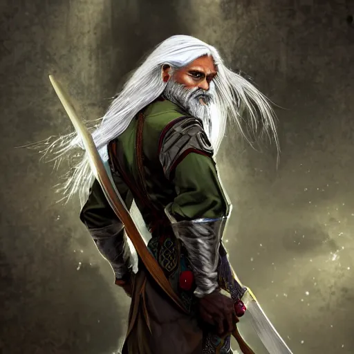 Image similar to a photo of a man with dark green skin and long silver hair, his eyes are powerfully glowing red, he is in commoners clothes standing on a cobblestone platform, he has a shortbow strapped to his back and he is holding a short sword in one hand, trending on artstation, digital artwork, cinematic lighting, 4K, very full detail, amazing artwork, trending on Behance award-winning art