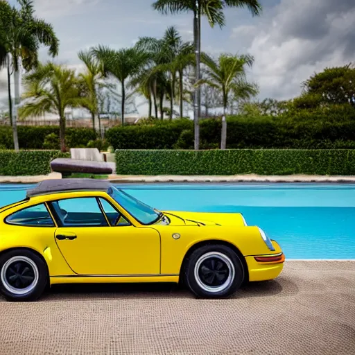 Image similar to a yellow porsche 9 1 1 in a palm beach swimming pool