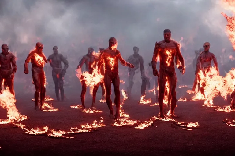 Prompt: a cinematic wide angle photograph of a group of mutants made entirely of fire walking through a vast serene landscape, beautiful lighting, high depth, ultra realistic, artistic, by zack snyder and john harris