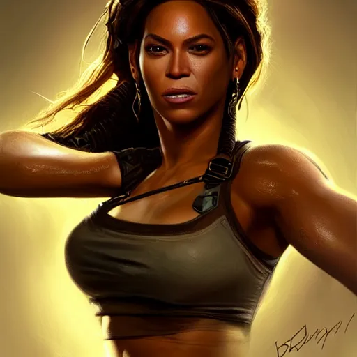 Prompt: beyonce as lara croft, digital painting, extremely detailed, 4 k, intricate, brush strokes, mark arian, artgerm, bastien lecouffe - deharme