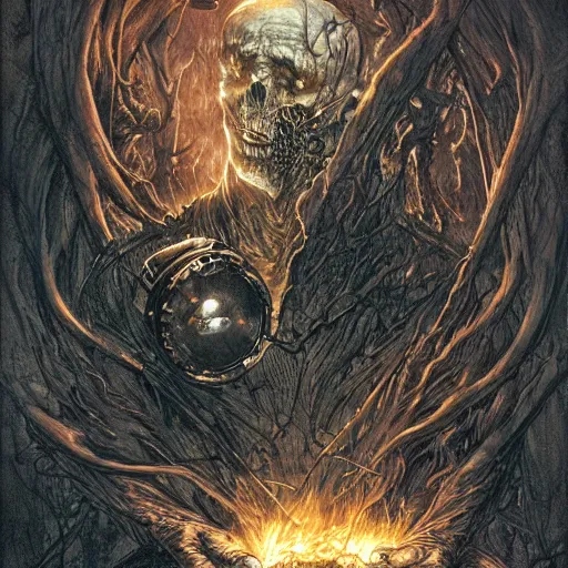 Image similar to the darkest future timeline, 8 k, 8 5 mm f / 1. 8 horror, flames, dark sci - fi, by bernie wrightson, by santiago caruso, by sabbas apterus