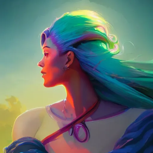 Image similar to beautiful woman with rainbow hair, maya ali mage, gloomhaven, dynamic lighting, gaudy colors, octane render aesthetic, matte painting concept art, official fanart behance hd artstation by jesper ejsing, by rhads and makoto shinkai and lois van baarle and ilya kuvshinov and rossdraws