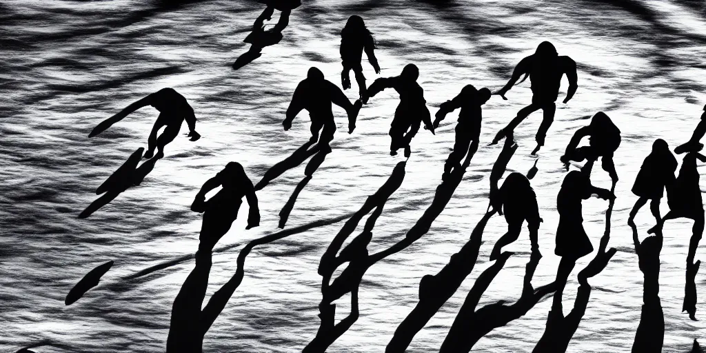 Image similar to multiple persons breaking the rules and breaking the waves, concept art, high contrast, on white, shadows