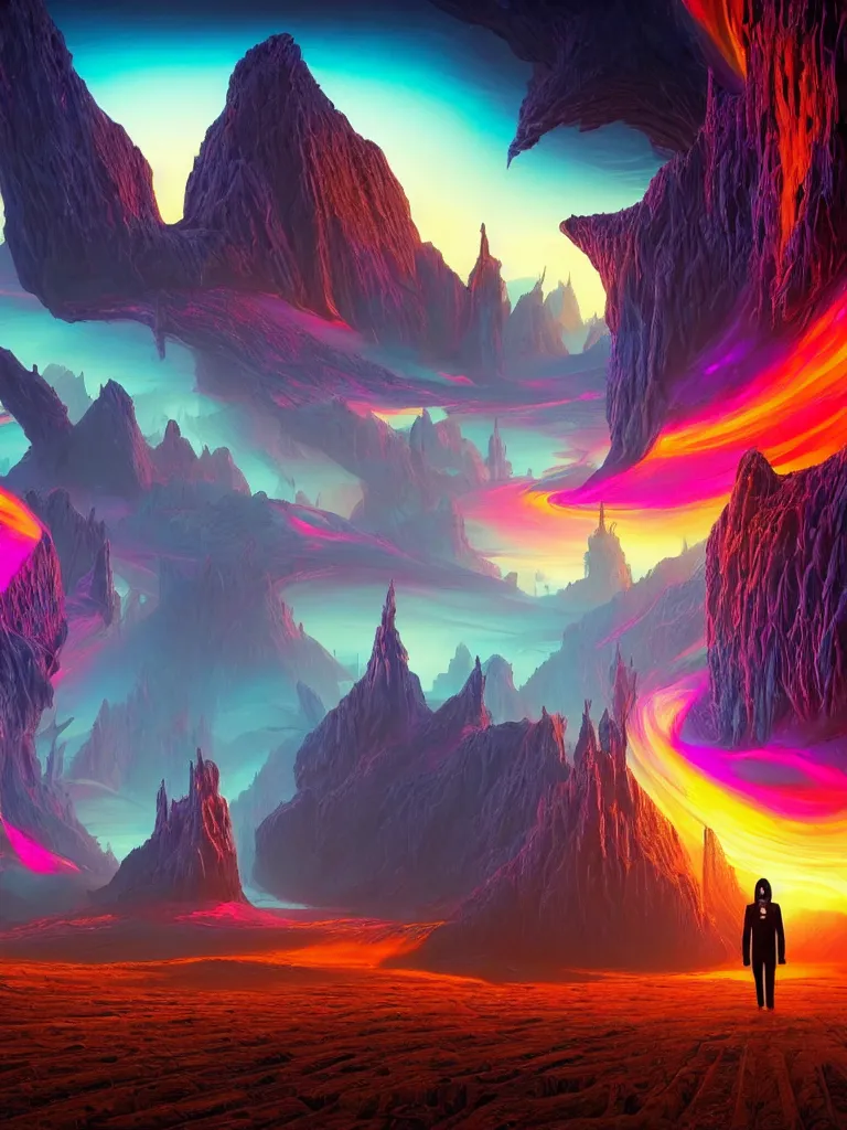 Image similar to entrance to ethereal realm, god waiting, rendered in unreal engine, central composition, symmetrical composition, dreamy colorful cyberpunk colors, 6 point perspective, fantasy landscape with anthropomorphic!!! terrain!!! in the styles of igor morski, jim warren, and rob gonsalves, intricate, hyperrealistic, volumetric lighting, neon ambiance, distinct horizon