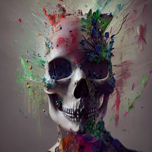 Image similar to full body pose, hyperrealistic mixed media painting of beautiful skull woman, dim volumetric lighting, 8 k, octane beautifully detailed render, extremely hyper detailed, intricate, epic composition, cinematic lighting, masterpiece, trending on artstation, very very detailed, masterpiece, stunning, hdr, smooth, sharp focus, high resolution, award, winning photo, dslr, 5 0 mm