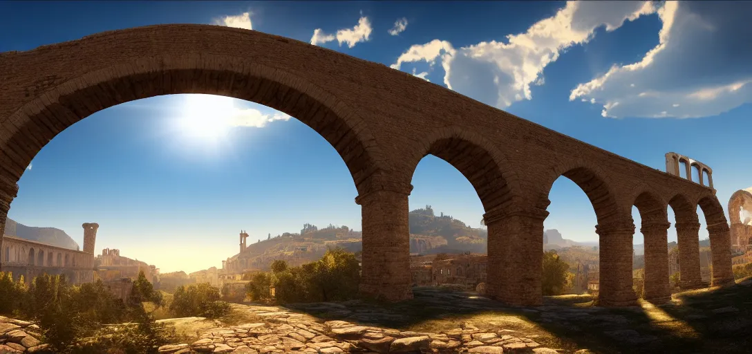 Prompt: epic view of giant roman aqueduct over beautiful italian city, clear blue skies, mountains and hills in the far background distance, unreal engine, dramatic lighting, detailed, ambient occlusion, global illumination, god rays, 3 d artstation render by greg rutowski and jessica rossier