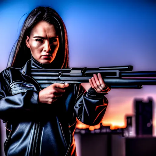 Image similar to photographic portrait of a techwear woman holding a shotgun, closeup, on the rooftop of a futuristic city at night, sigma 85mm f/1.4, 4k, depth of field, high resolution, full color, Die Hard, movies with guns, movie firearms