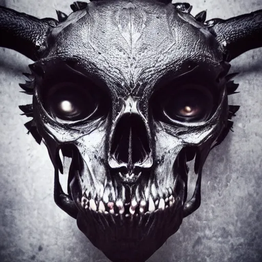 Image similar to a close up view of a demonic looking creature, large, black demonic hat, dark, symmetrical eyes, wide skull face, symmetrical eyes, dark hair, dark armor, dark