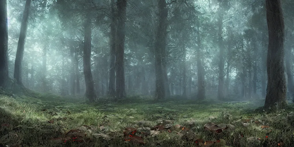 Image similar to forrest full of mushrooms, superwide angle, light through the mist, dramatic lighting, photorealistic, cinematic lighting, high detail, cinematic feel, high octane, 4 k, unreal engine, digital render, intricate, ultra realistic, concept art