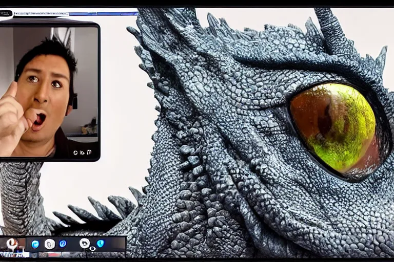 Image similar to a video call from a dragon facing the camera head on. in the style of @ 9 0 snewsscreens