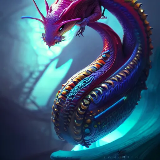 Image similar to beautiful colorful dragon snail. intricate portrait, occult cyberpunk, ancient futuristic, dark art, occult. by Petros Afshar, by artgerm, by Eddie Mendoza, by Peter mohrbacher, octane render, 3d, unreal engine, depth of field, bokeh, motion blur, blur