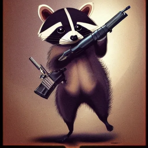 Image similar to a raccoon dressing up as a squirrel holding a gun, concept art, very detailed