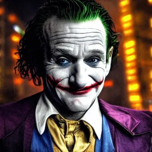 Image similar to stunning awe inspiring ( robin williams ) as the joker 8 k hdr movie still atmospheric lighting