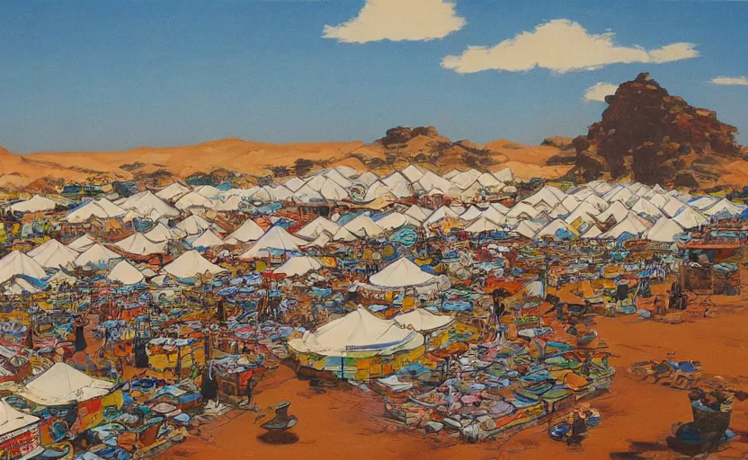 Prompt: the conceptual art design depicts a tent bazaar in a Middle Eastern desert region. Canvases with Japanese floral patterns make up the tents.