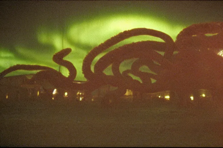 Prompt: scary filmic wide shot angle movie still 35mm film color photograph of a horrific terrifying shape shifting abstract alien organism from The Thing 1982 spewing slimey tendrils outside at mcmurdoch station exterior at night in antarctica with aurora borealis in sky, in the style of a horror film