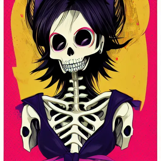 Image similar to anime manga skull portrait young woman skeleton, pixar, painterly, logo, graffiti, cuphead, highly detailed, digital art, art by jc leyendecker and sachin teng
